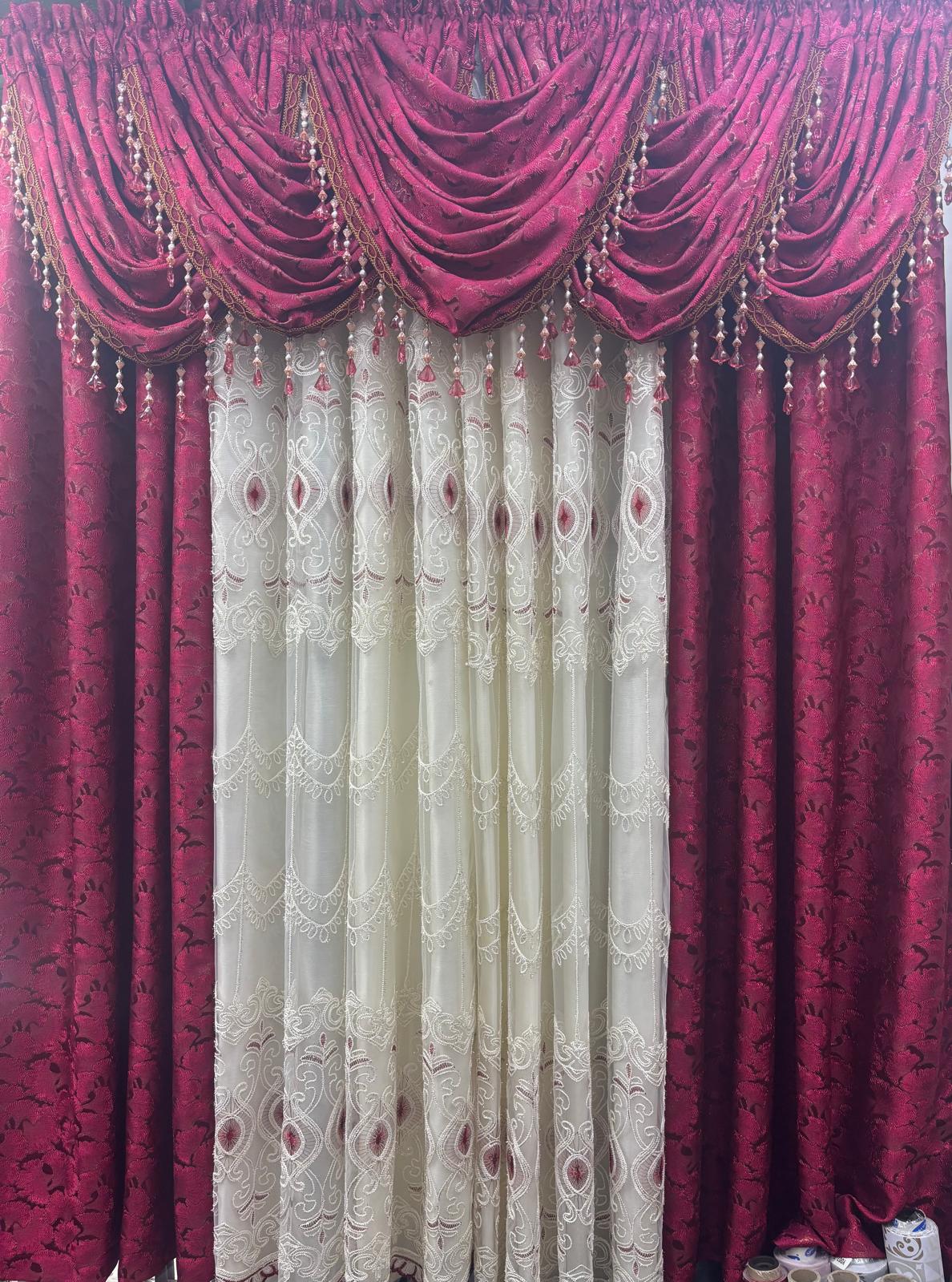 Stefania Burgundy 11-Piece Luxury Curtain Set with Embroidered Panels & Waterfall Valances