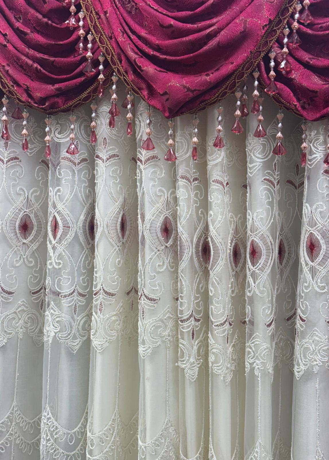 Stefania Burgundy 11-Piece Luxury Curtain Set with Embroidered Panels & Waterfall Valances