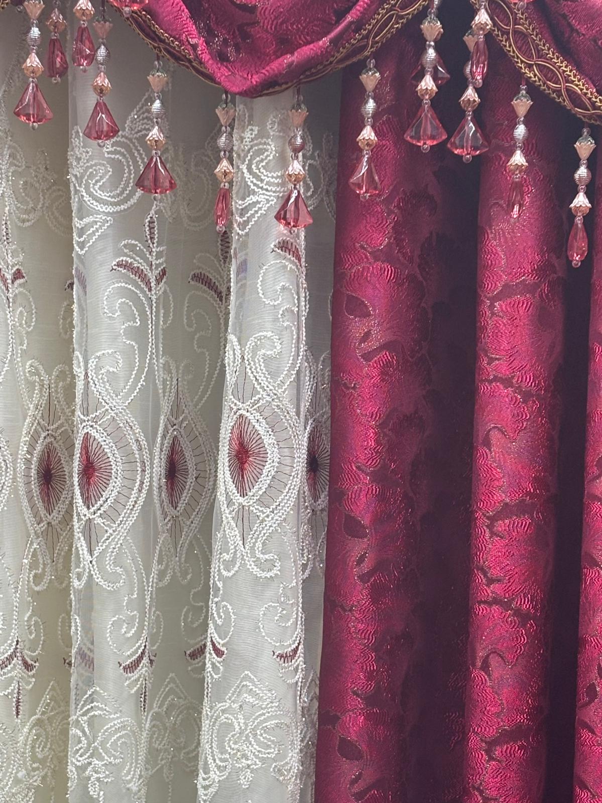 Stefania Burgundy 11-Piece Luxury Curtain Set with Embroidered Panels & Waterfall Valances