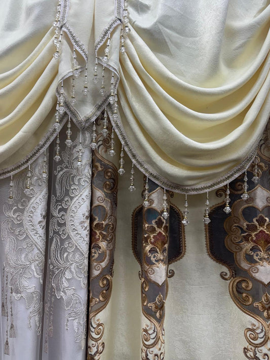 Jenifer beige swag valance with layered embroidered detailing