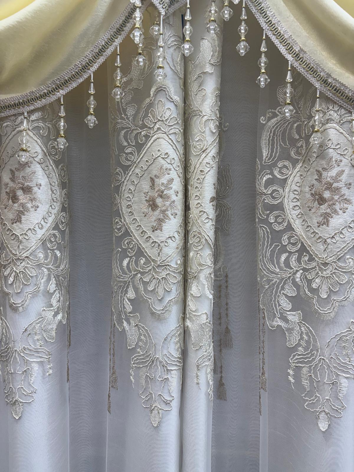 Jenifer beige embroidered sheer curtain panel with decorative floral design