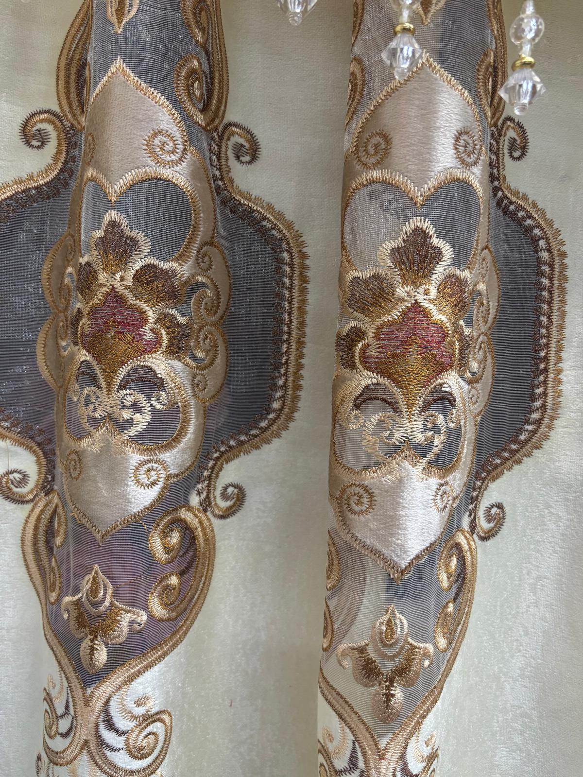 Jenifer beige embroidered curtain panel with decorative medallion detailing