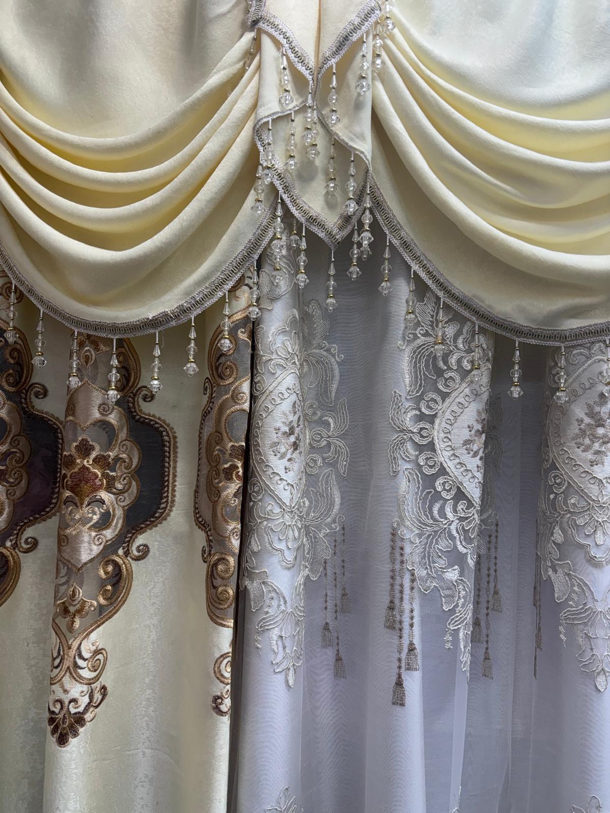 Jenifer beige curtain set with wide swag valance and embroidered center panel