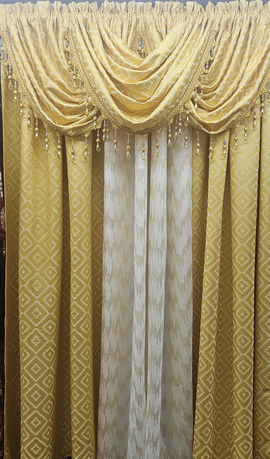 Maxine Yellow 7-Piece Luxury Curtain Set with Waterfall Valances
