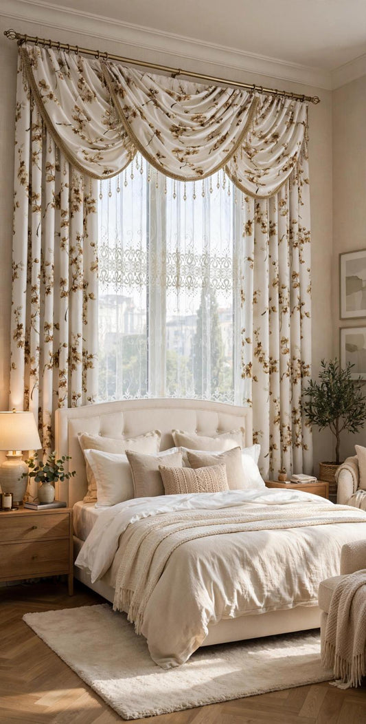 Regency Blossom Gold 6-Piece Curtain Set with Amy Embroidered Middle Curtain - Stylish Curtains