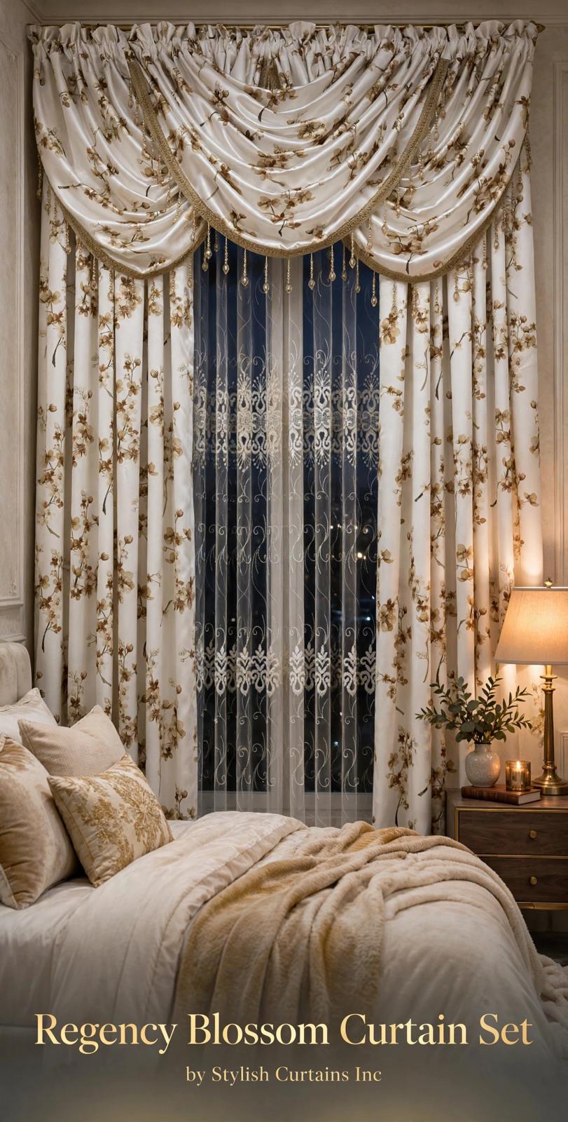 Regency Blossom Gold 6-Piece Curtain Set with Amy Embroidered Middle Curtain