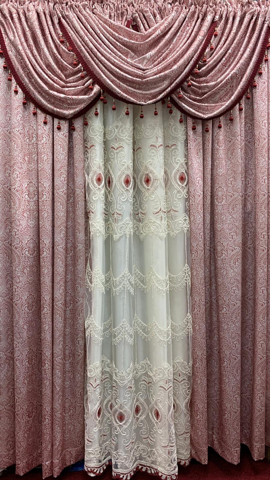 Vivi Burgundy 7-Piece Curtain Set with Elizabeth Embroidered Panel