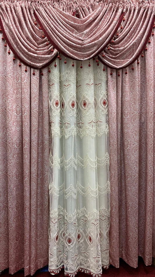 Vivi Burgundy 7-Piece Curtain Set with Elizabeth Embroidered Panel - Stylish Curtains