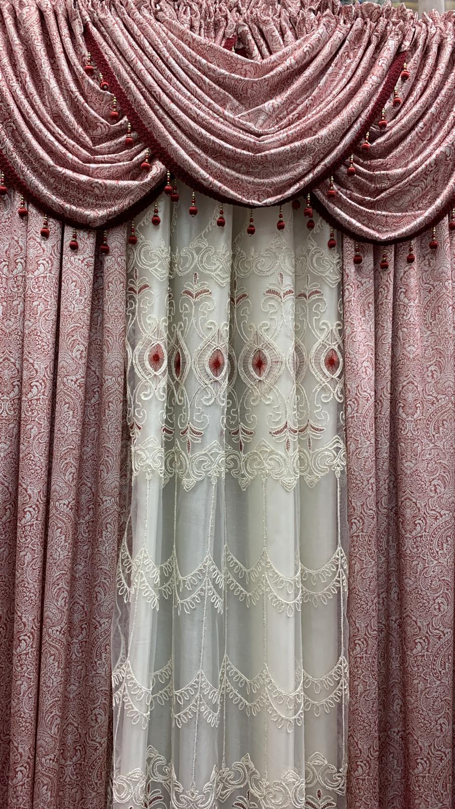 Vivi Burgundy 7-Piece Curtain Set with Elizabeth Embroidered Panel