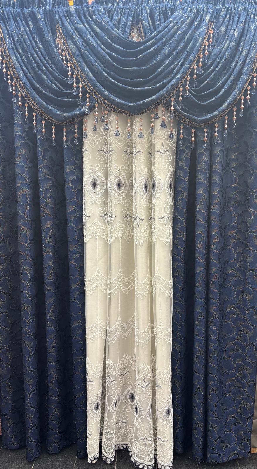 Stefania Navy Blue 7-Piece Curtain Set with Elizabeth Embroidered Panel