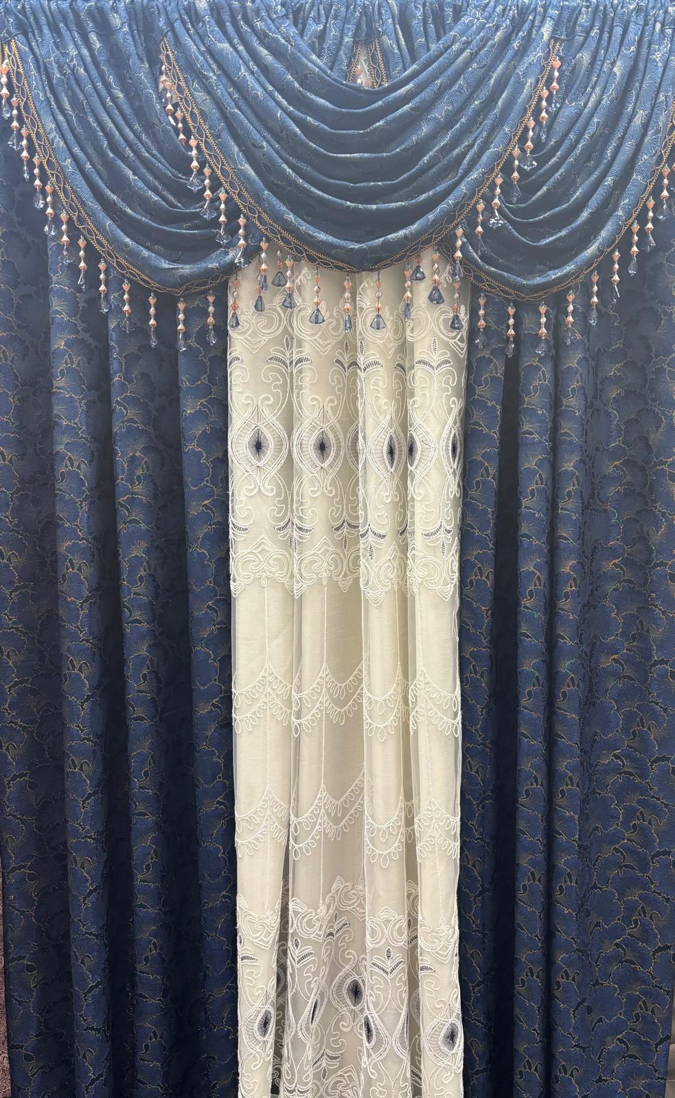 Stefania Navy Blue 7-Piece Curtain Set with Elizabeth Embroidered Panel