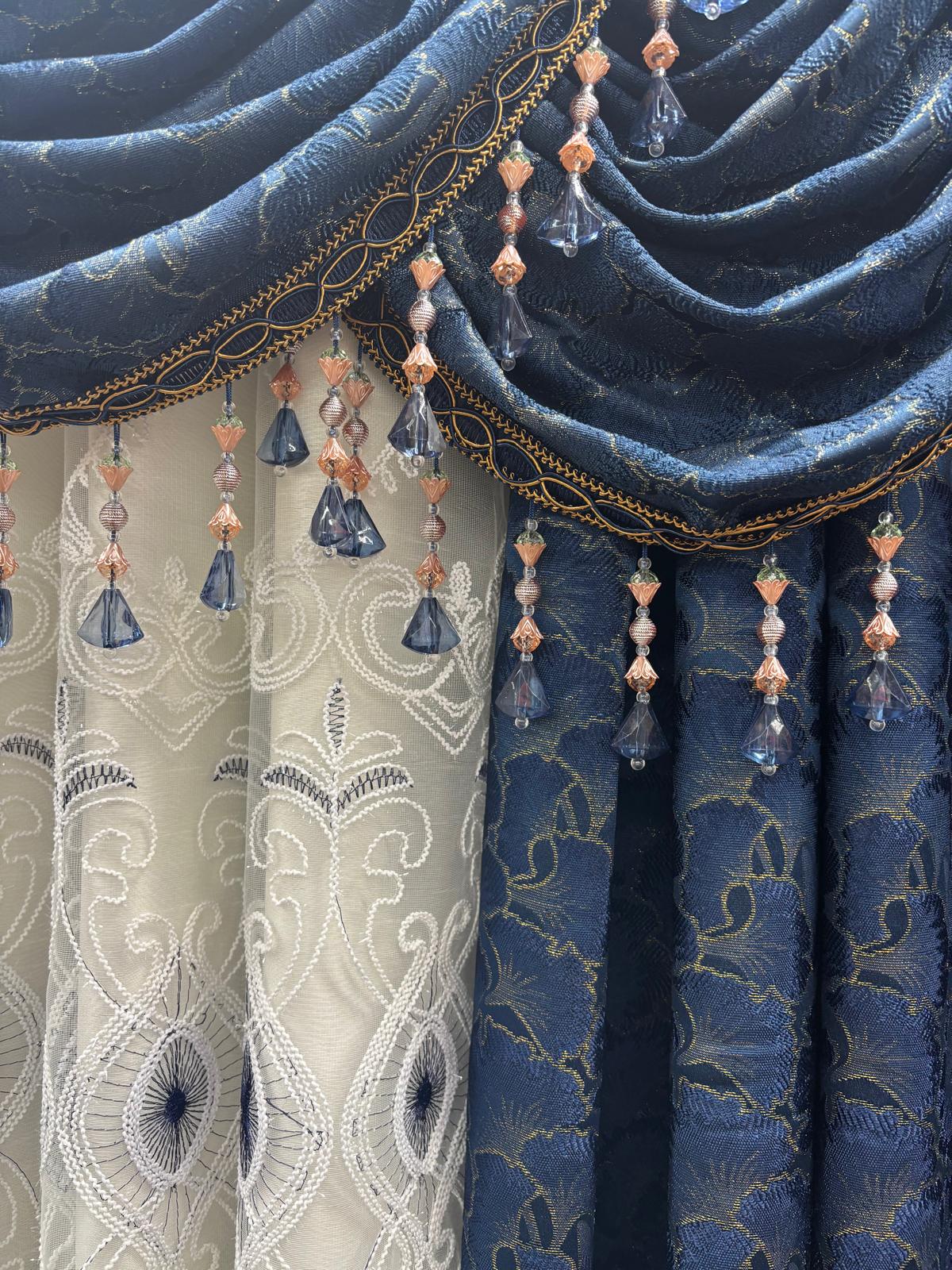 Stefania Navy Blue 7-Piece Curtain Set with Elizabeth Embroidered Panel