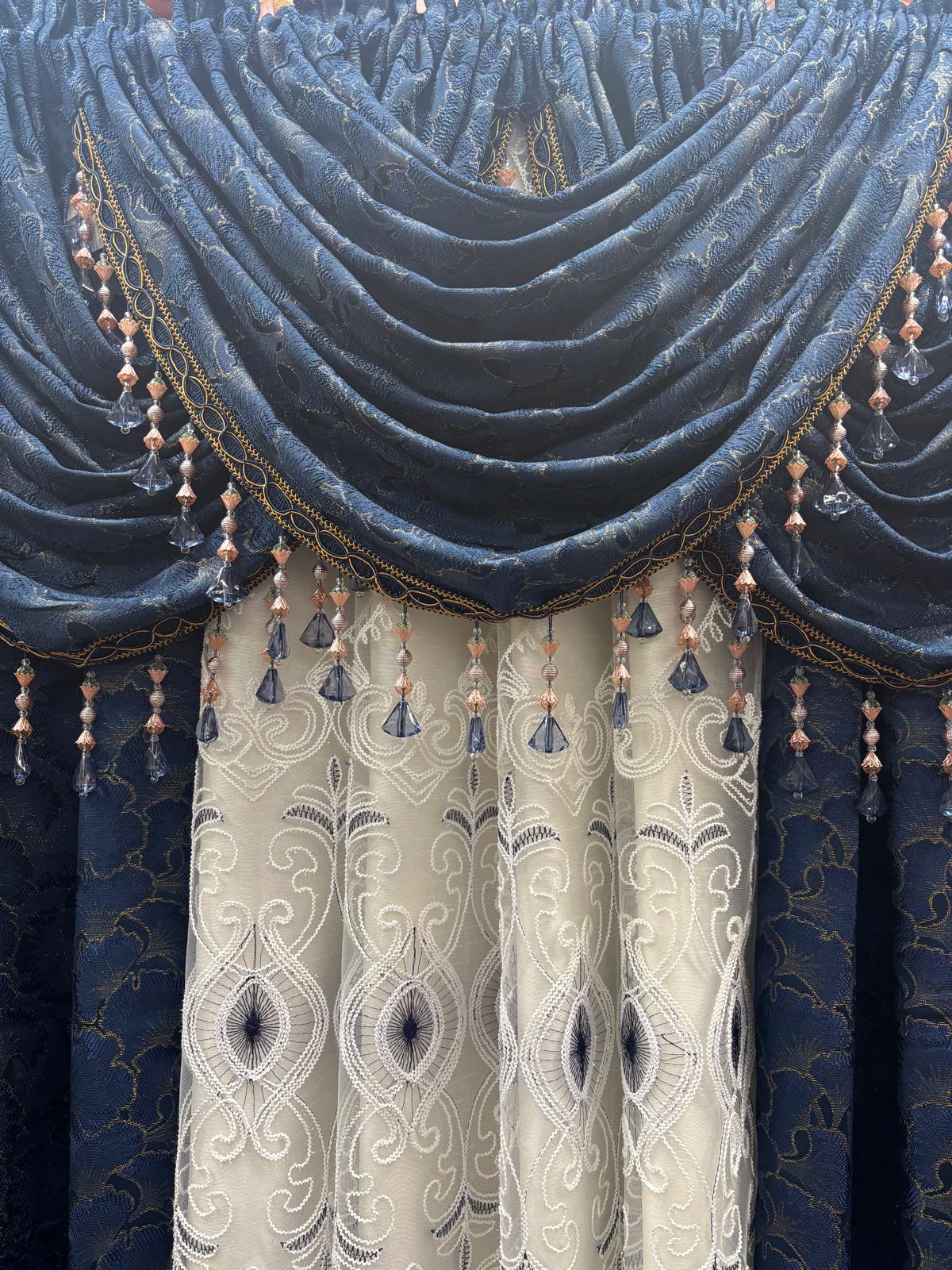 Stefania Navy Blue 7-Piece Curtain Set with Elizabeth Embroidered Panel
