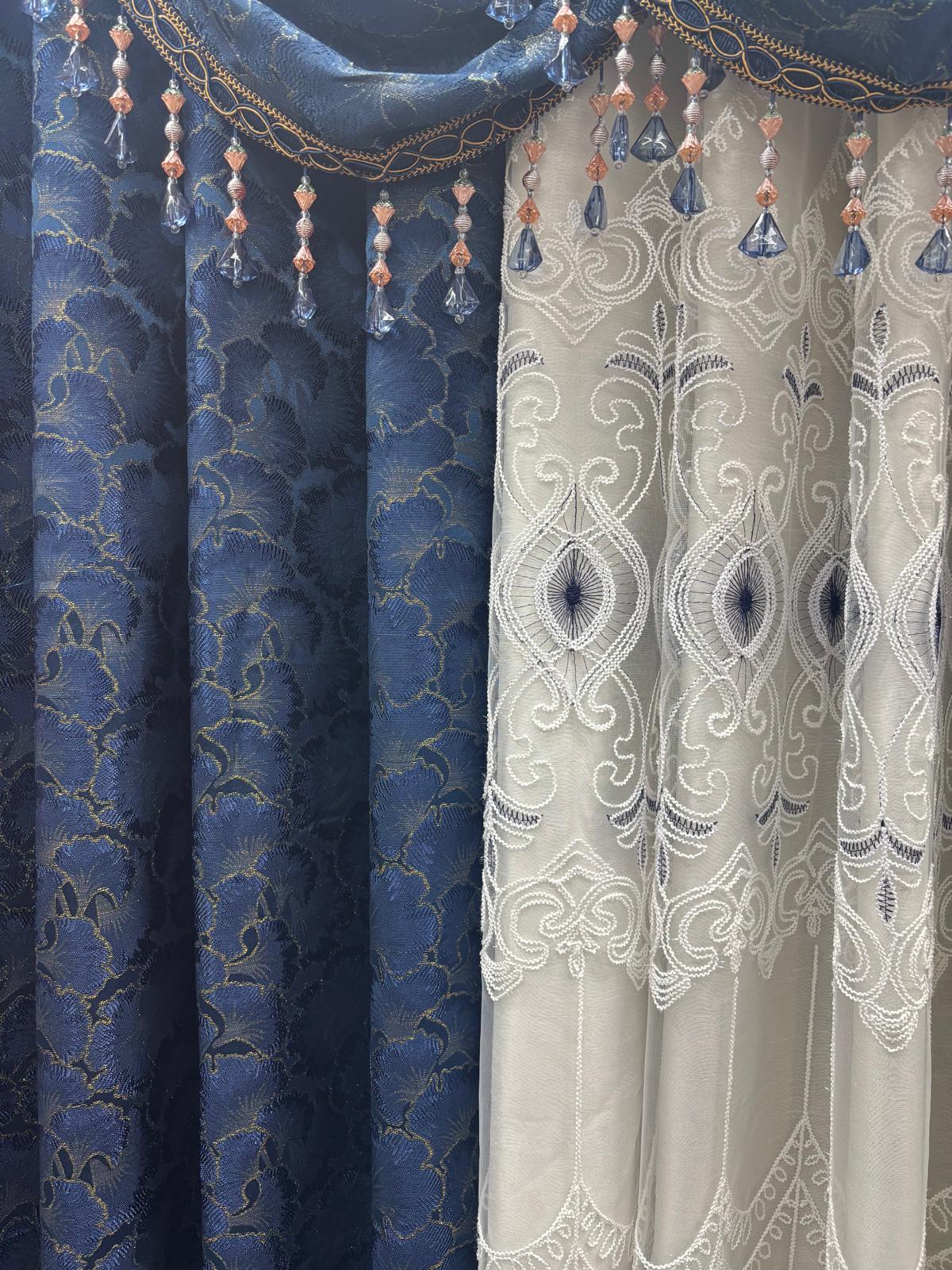 Stefania Navy Blue 7-Piece Curtain Set with Elizabeth Embroidered Panel