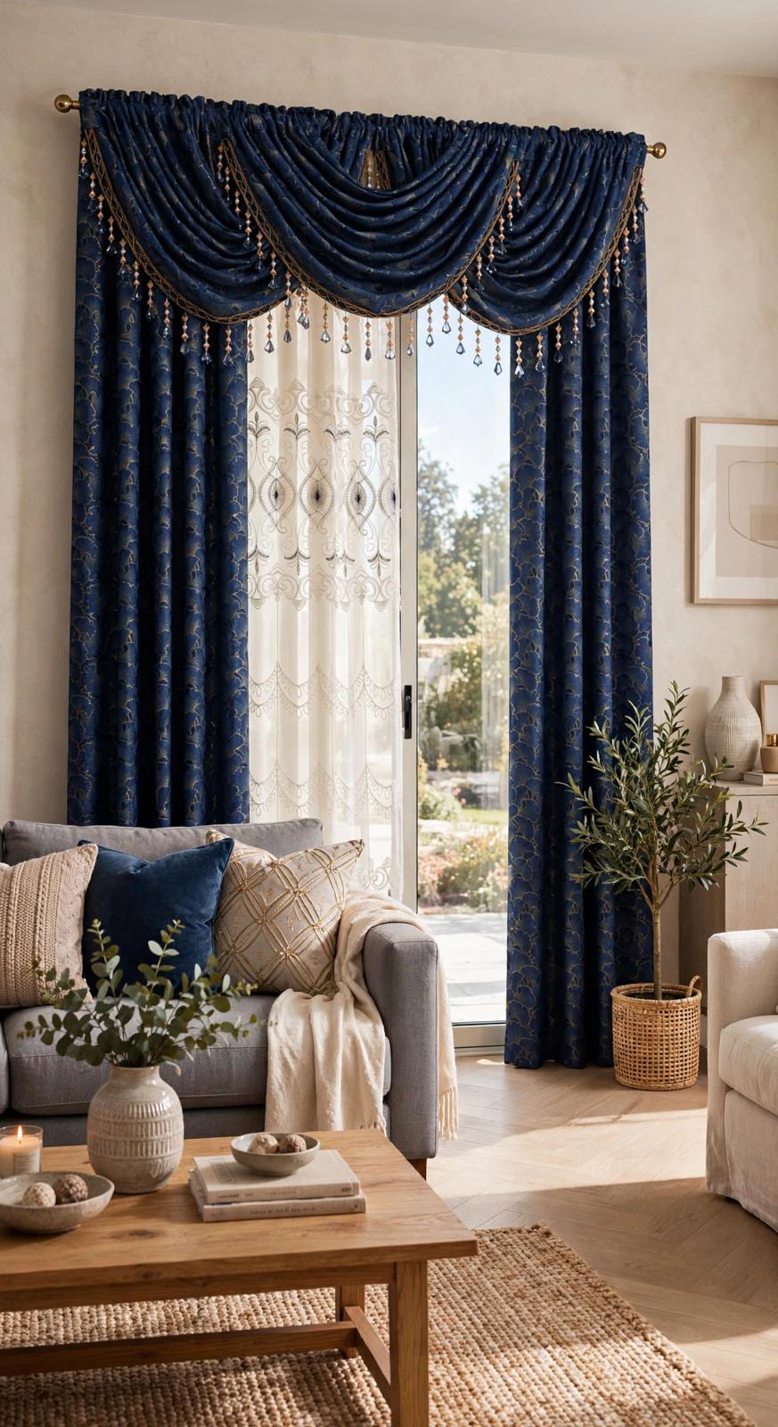 Stefania Navy Blue 7-Piece Curtain Set with Elizabeth Embroidered Panel