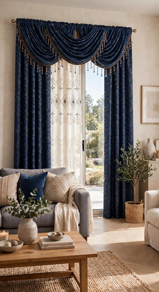 Stefania Navy Blue 7-Piece Curtain Set with Elizabeth Embroidered Panel