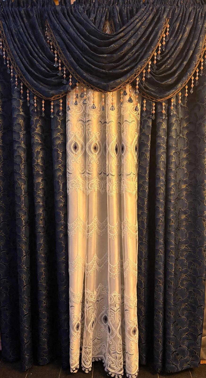 Stefania Navy Blue 7-Piece Curtain Set with Elizabeth Embroidered Panel