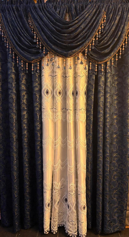 Stefania Navy Blue 7-Piece Curtain Set with Elizabeth Embroidered Panel