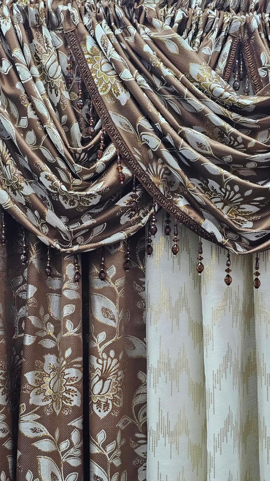 Magnolia Brown 7-Piece Luxury Curtain Set with CASSI Center Panel