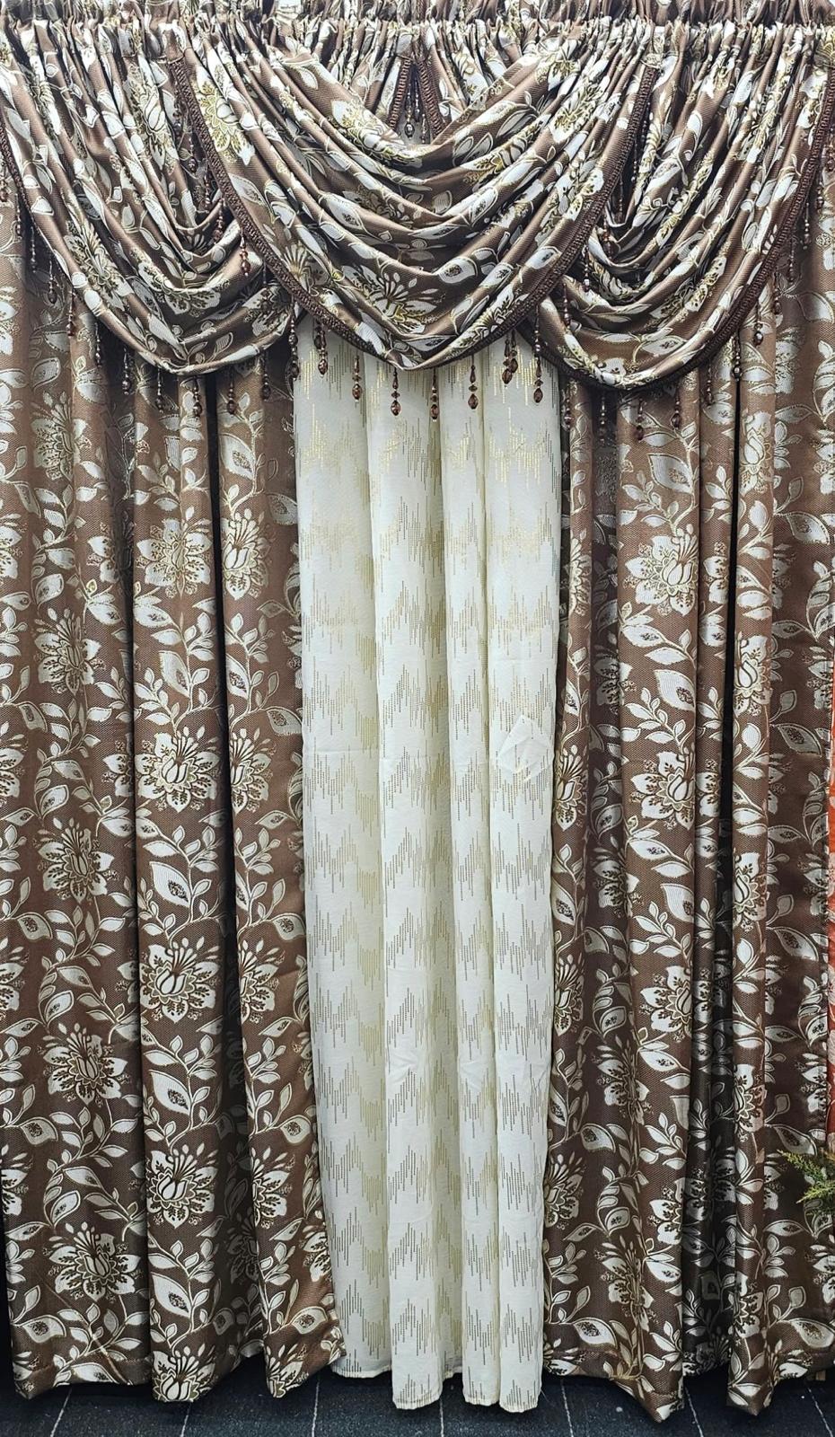 Magnolia Brown 7-Piece Luxury Curtain Set with CASSI Center Panel