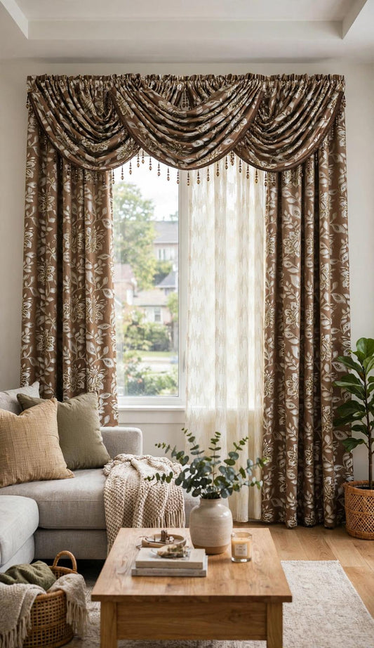 Magnolia Brown 7-Piece Luxury Curtain Set with CASSI Center Panel - Stylish Curtains