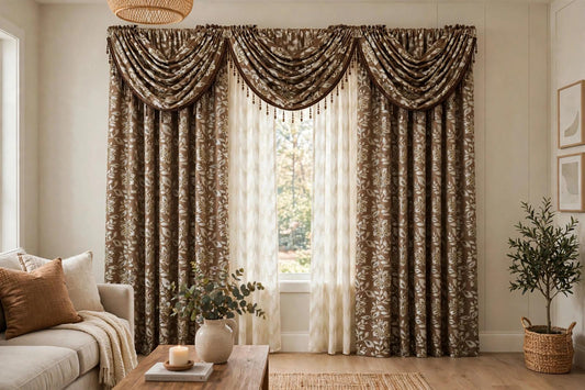 Magnolia Brown 7-Piece Luxury Curtain Set with CASSI Center Panel - Stylish Curtains