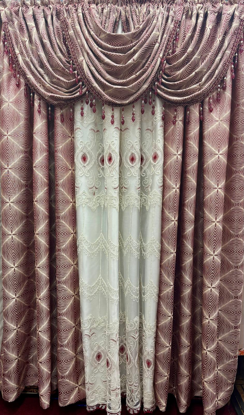 Maxine Burgundy 7-Piece Luxury Curtain Set with Elizabeth Embroidered Center Panel