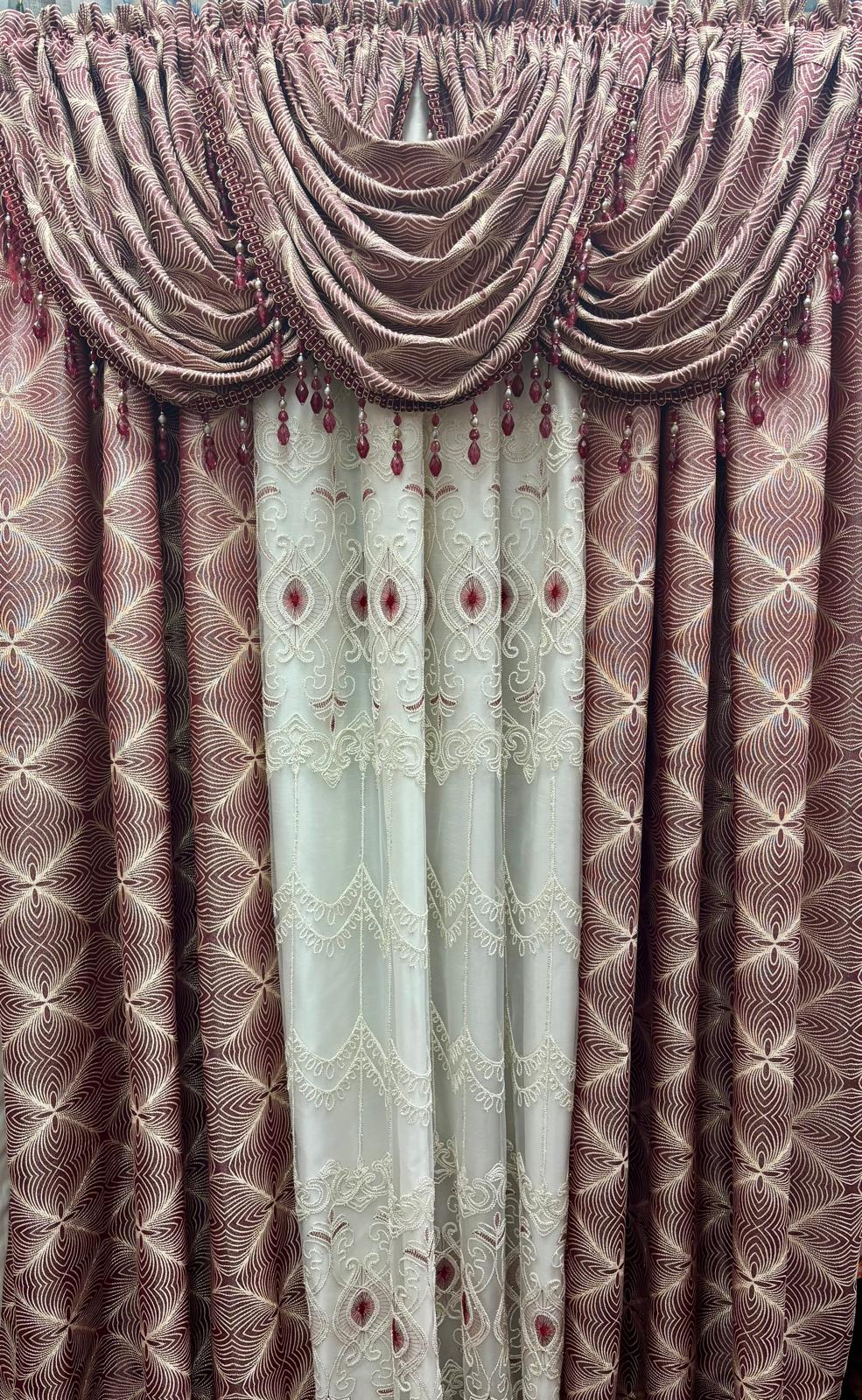 Maxine Burgundy 7-Piece Luxury Curtain Set with Elizabeth Embroidered Center Panel
