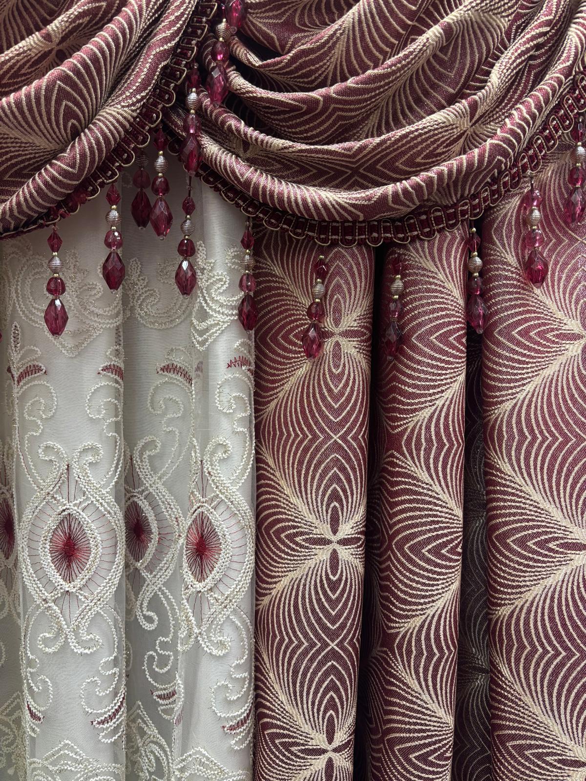 Maxine Burgundy 7-Piece Luxury Curtain Set with Elizabeth Embroidered Center Panel