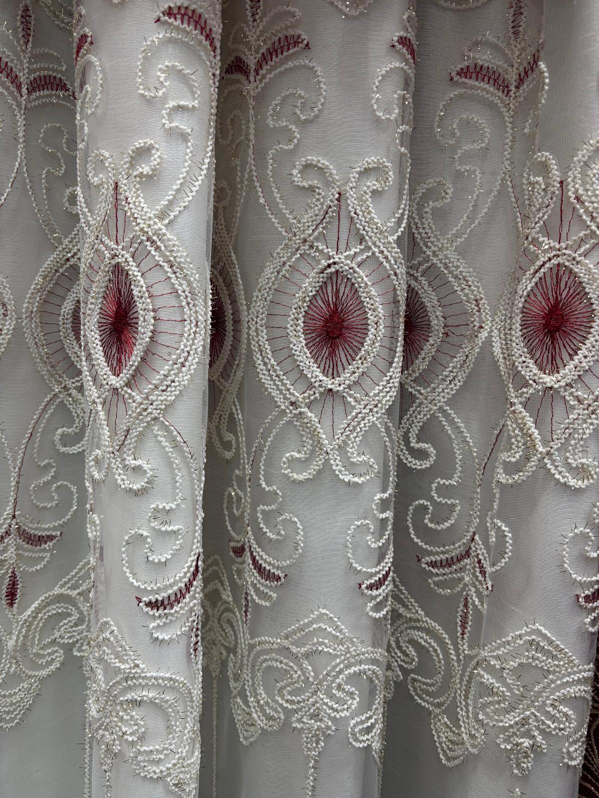 Maxine Burgundy 7-Piece Luxury Curtain Set with Elizabeth Embroidered Center Panel