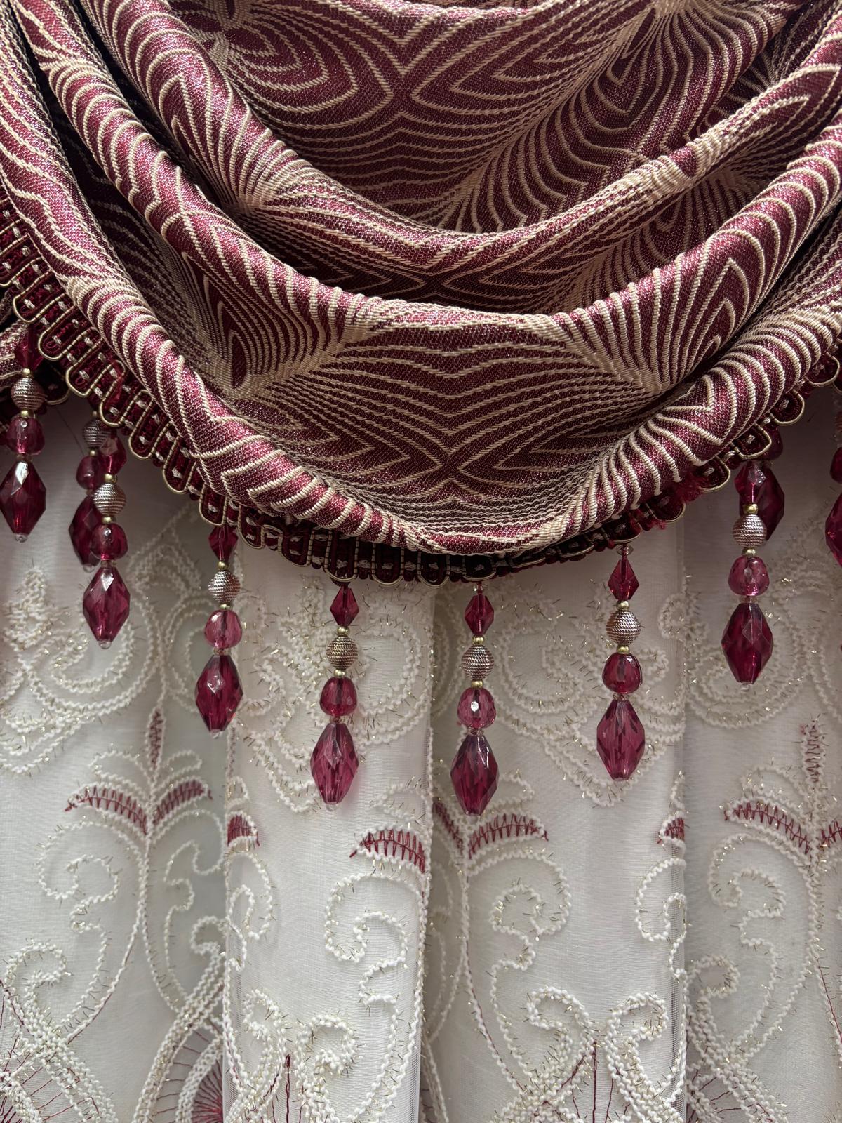 Maxine Burgundy 7-Piece Luxury Curtain Set with Elizabeth Embroidered Center Panel