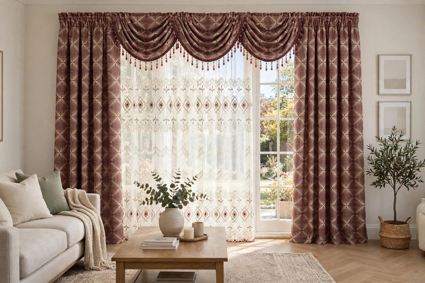Maxine Burgundy 7-Piece Luxury Curtain Set with Elizabeth Embroidered Center Panel