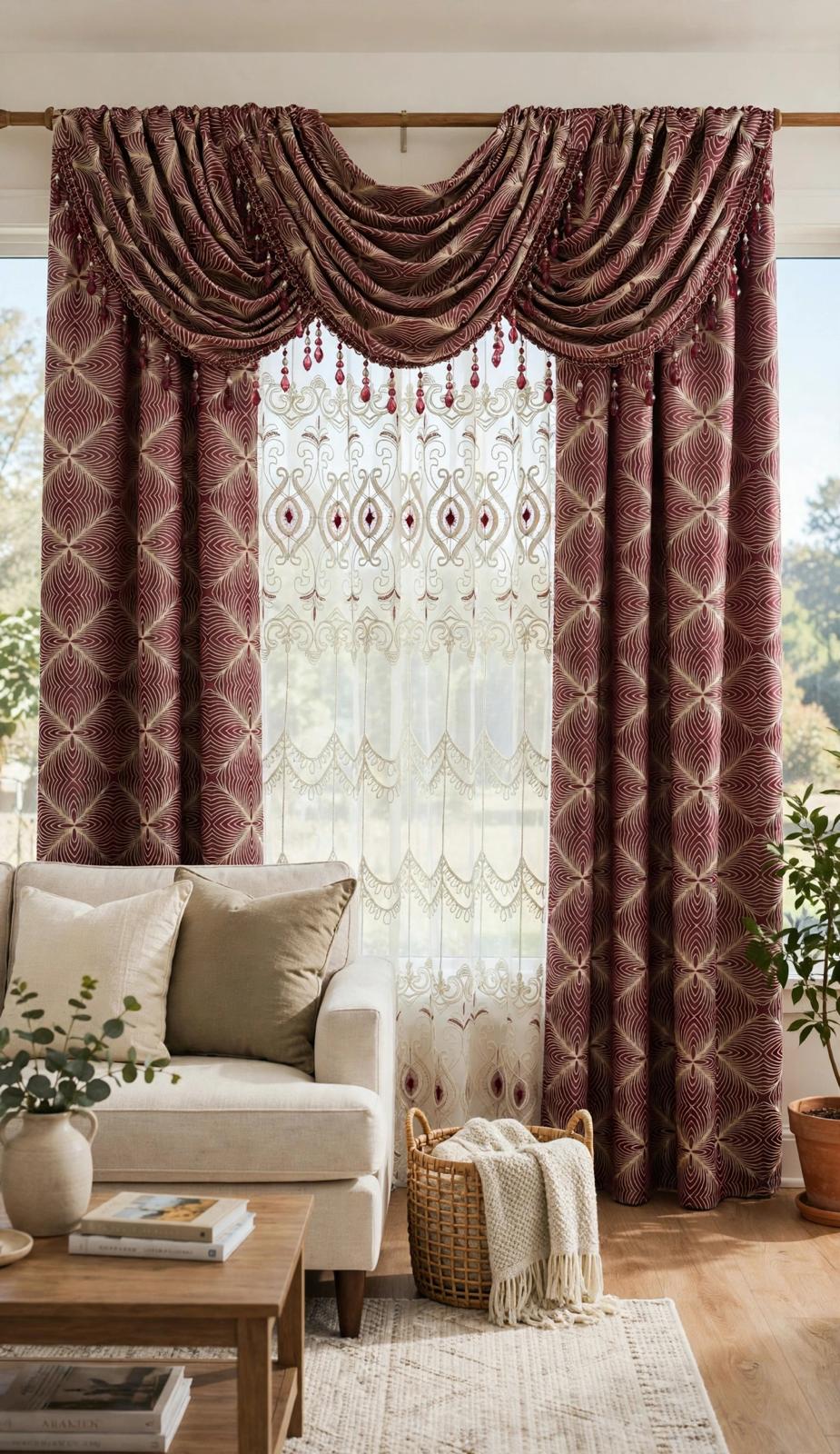 Maxine Burgundy 7-Piece Luxury Curtain Set with Elizabeth Embroidered Center Panel