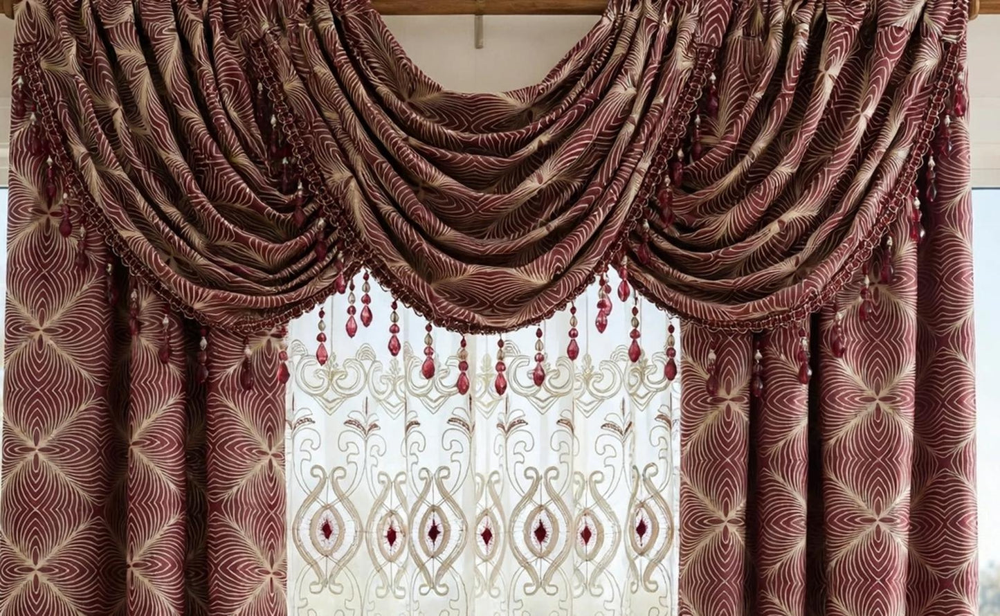 Maxine Burgundy 7-Piece Luxury Curtain Set with Elizabeth Embroidered Center Panel