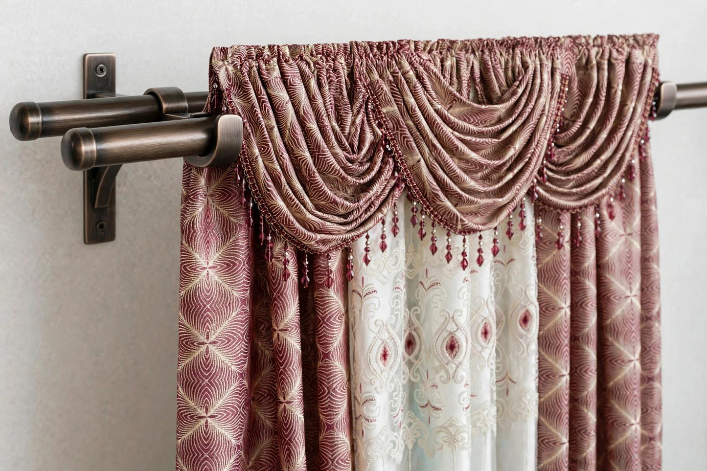 Maxine Burgundy 7-Piece Luxury Curtain Set with Elizabeth Embroidered Center Panel