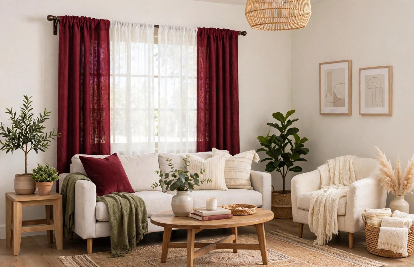Giselle 6-Piece Burgundy and White Luxury Curtain Set