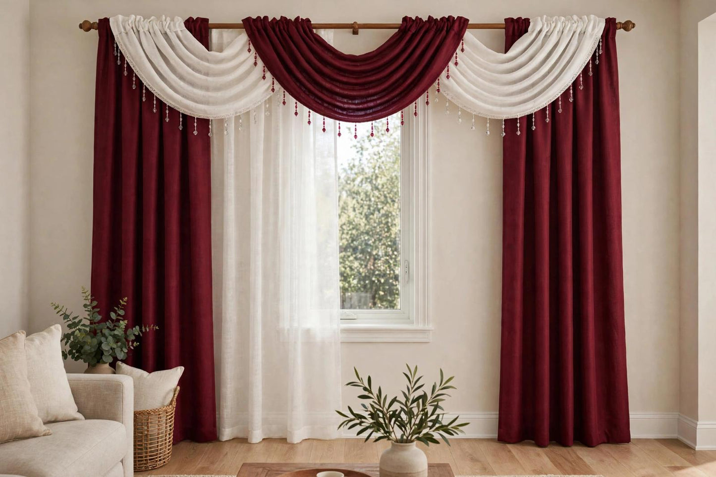 Giselle 6-Piece Burgundy and White Luxury Curtain Set