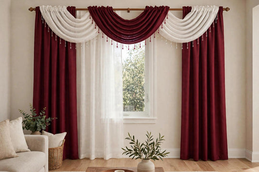 Giselle 6-Piece Burgundy and White Luxury Curtain Set - Stylish Curtains
