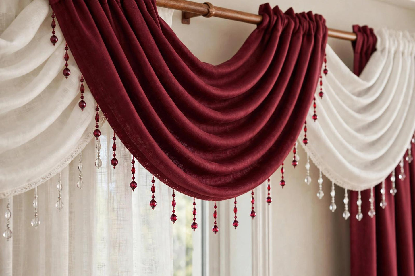 Giselle 6-Piece Burgundy and White Luxury Curtain Set