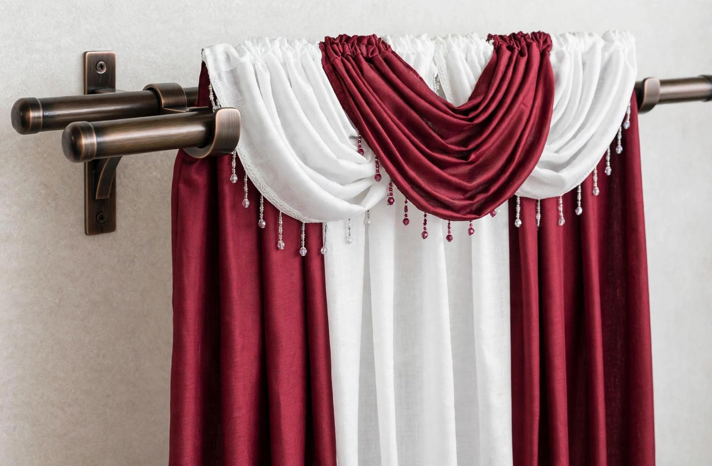 Giselle 6-Piece Burgundy and White Luxury Curtain Set