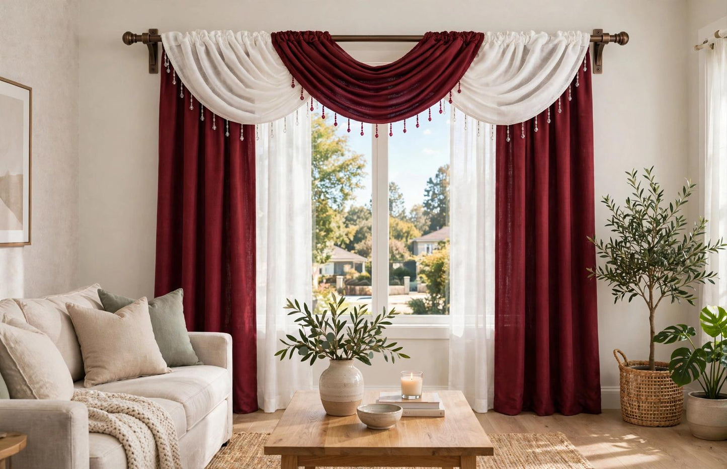 Giselle 6-Piece Burgundy and White Luxury Curtain Set