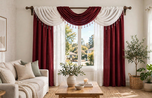 Giselle 6-Piece Burgundy and White Luxury Curtain Set - Stylish Curtains