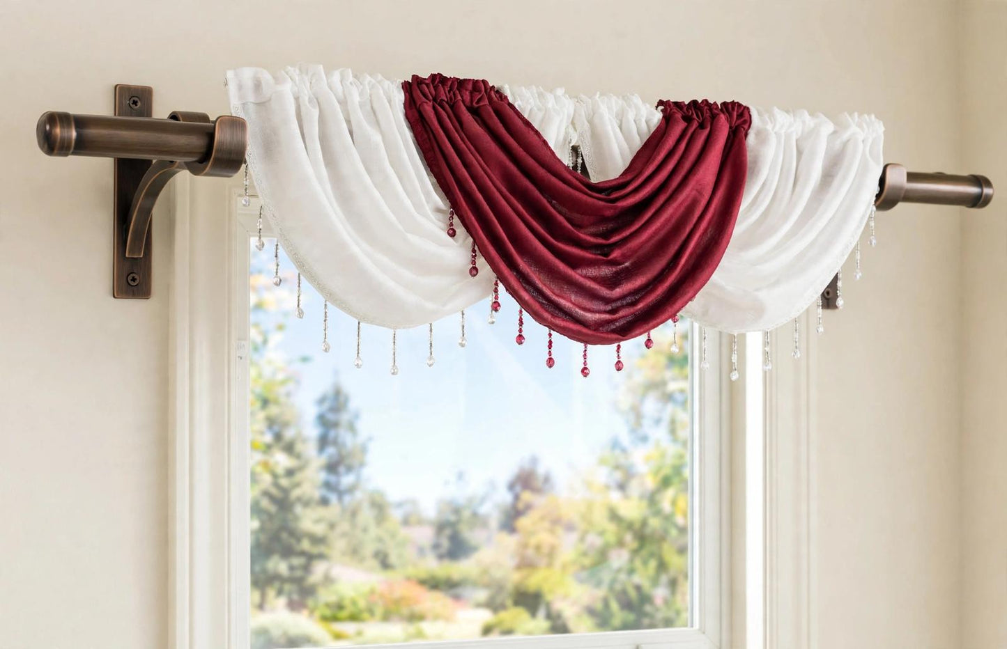 Giselle 6-Piece Burgundy and White Luxury Curtain Set