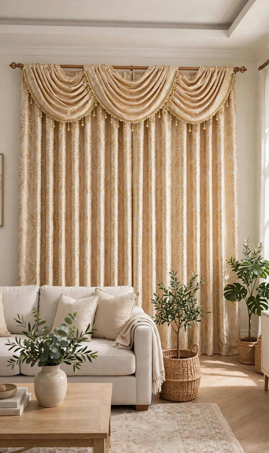 Lizet Gold curtain panels with three decorative valances