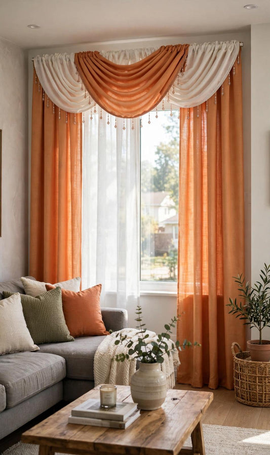 Giselle 6-Piece Orange and White Luxury Curtain Set - Stylish Curtains
