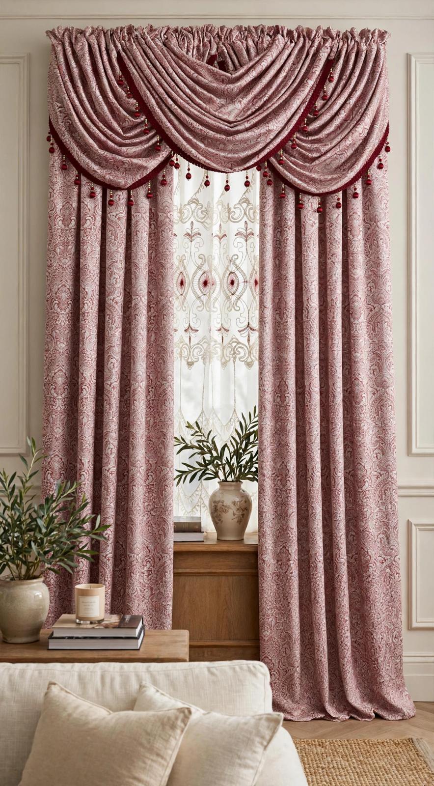 Vivi Burgundy 7-Piece Curtain Set with Elizabeth Embroidered Panel