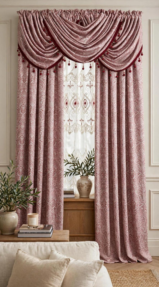 Vivi Burgundy 7-Piece Curtain Set with Elizabeth Embroidered Panel - Stylish Curtains