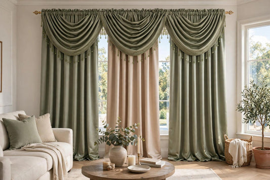 Regency Sage 6-Piece Luxury Curtain Set with 3 Valances & Beige Panel - Stylish Curtains