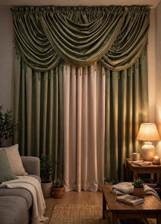 Regency Sage 6-Piece Luxury Curtain Set with 3 Valances & Beige Panel - Stylish Curtains
