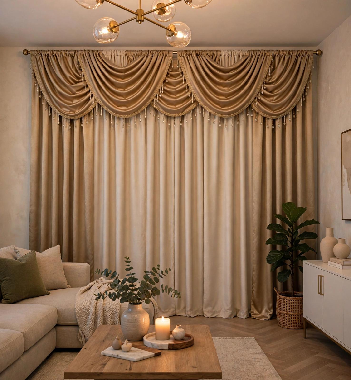 Luxury Regency 9 Pc Gold & Beige Curtain Set for 70–80 Inch Windows | Elegant Waterfall Valance Design - Stylish Curtains
